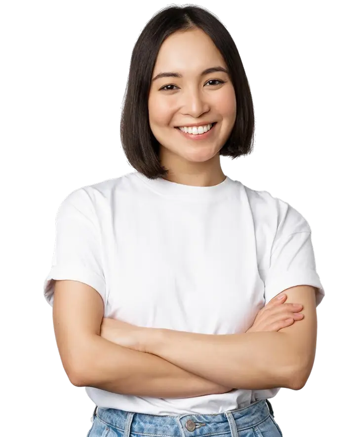 Smiling person in white shirt with crossed arms