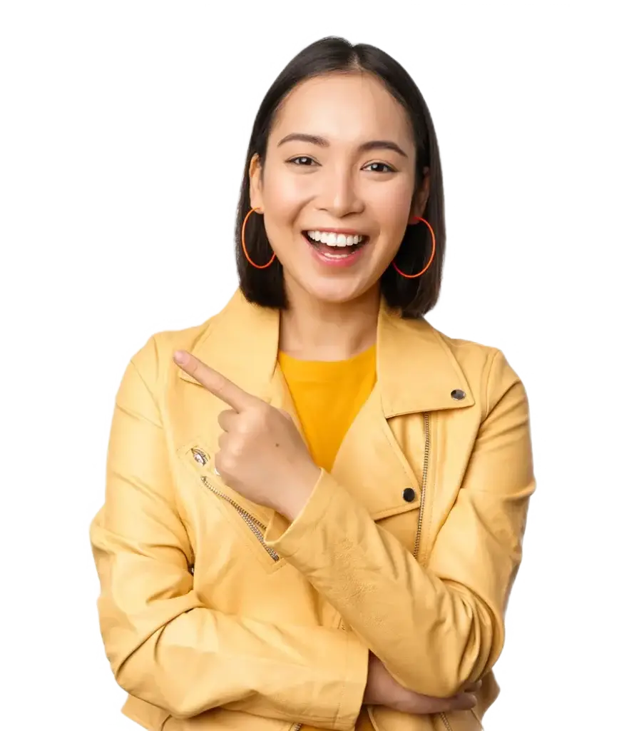Smiling person in yellow jacket pointing right.
