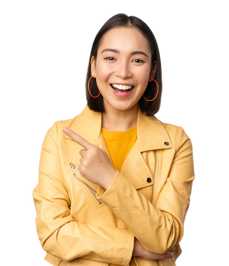 Smiling person in yellow jacket pointing right.