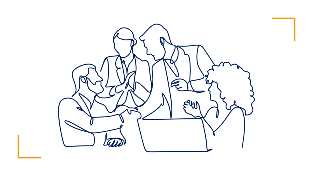 Team discussing around laptop illustration