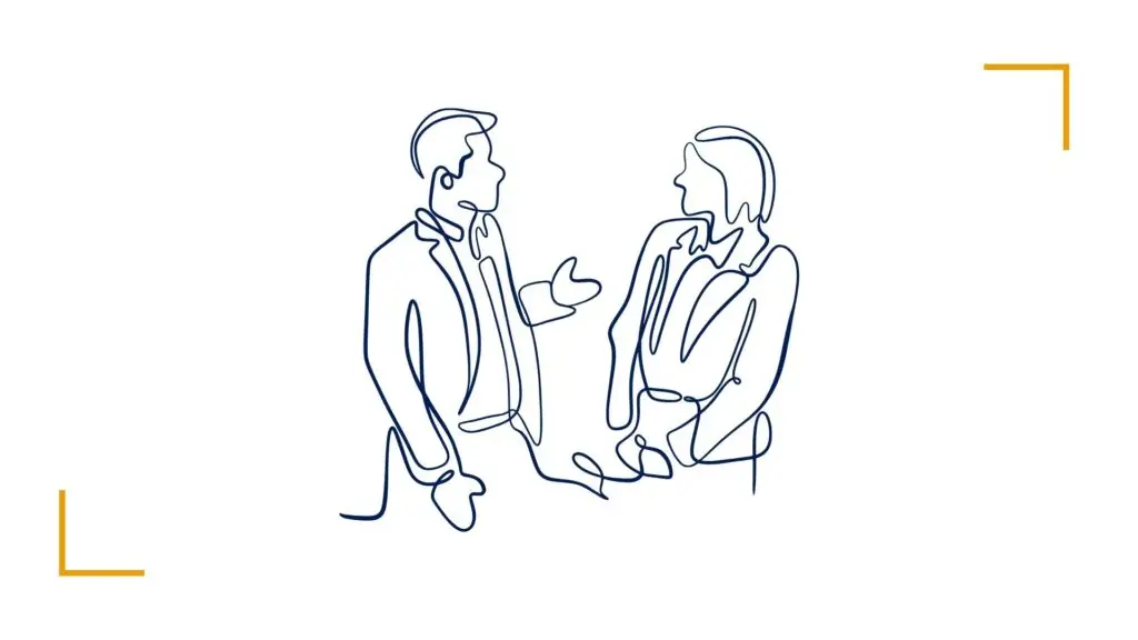 Line drawing of two people conversing.