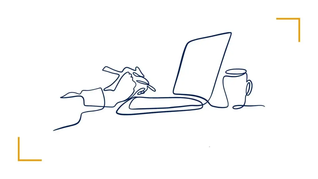 Continuous line drawing of hand writing near laptop.