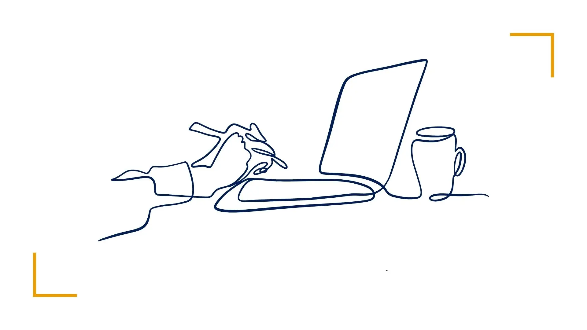 Continuous line drawing of hand writing near laptop.