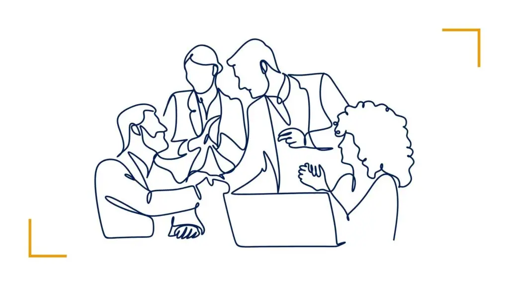 Line art of business team collaborating at table