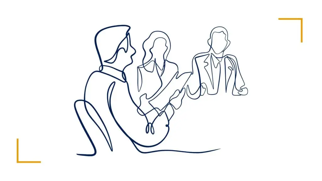 Continuous line drawing of people in a meeting.