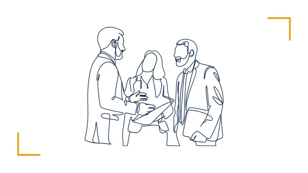 Line drawing of three professionals discussing