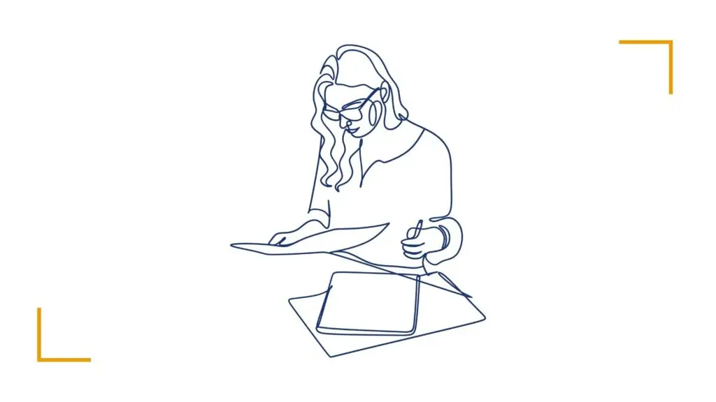 Line drawing of person reading papers.