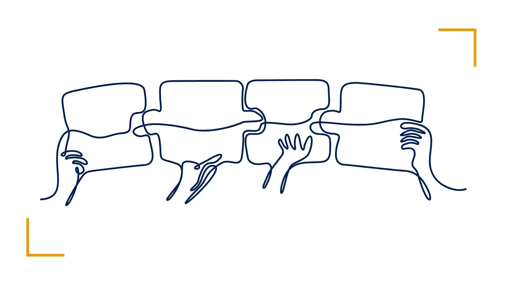 Continuous line drawing of hands holding files.