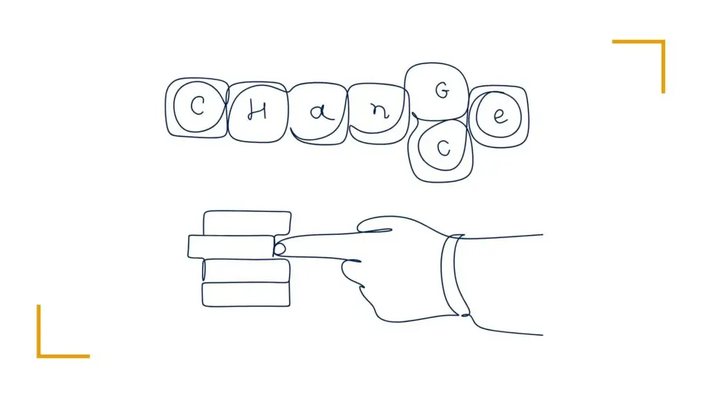 Hand points at stacked blocks labeled 'Change'.