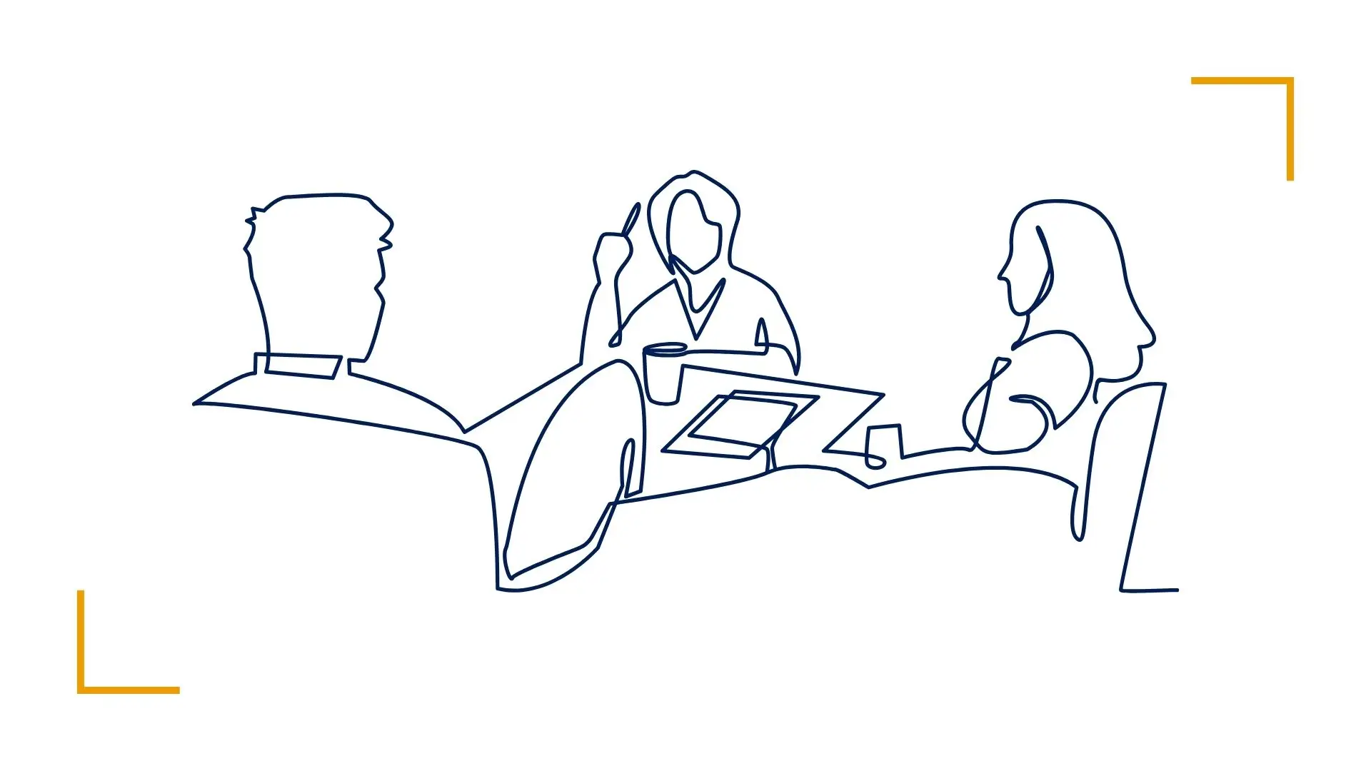 Three people having a meeting discussion.