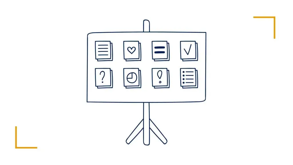 Illustrated presentation board with various icons.