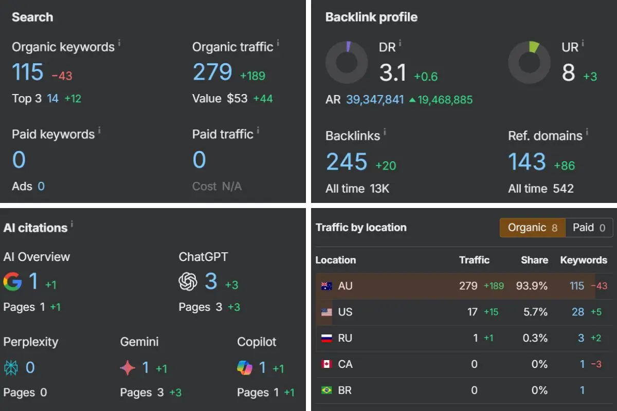 SEO and traffic analytics dashboard overview