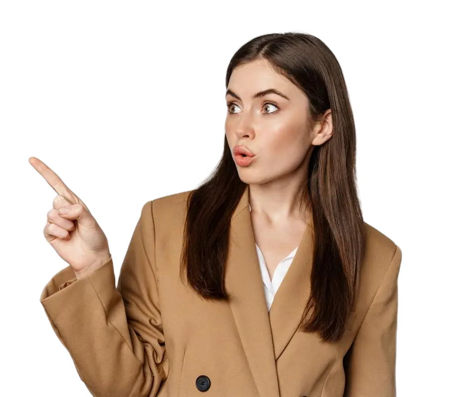 Woman in brown coat pointing sideways, surprised expression.