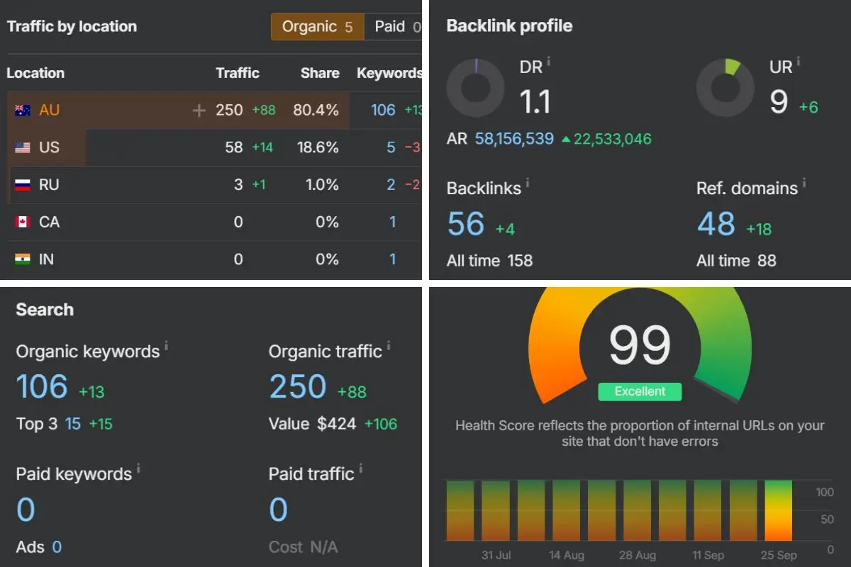Website traffic and SEO performance overview dashboard.
