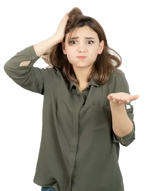 Confused woman with puzzled expression and hand gestures.