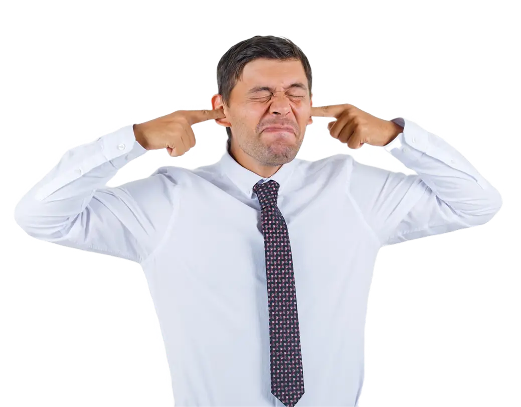 Man plugging ears, wearing white shirt and tie.
