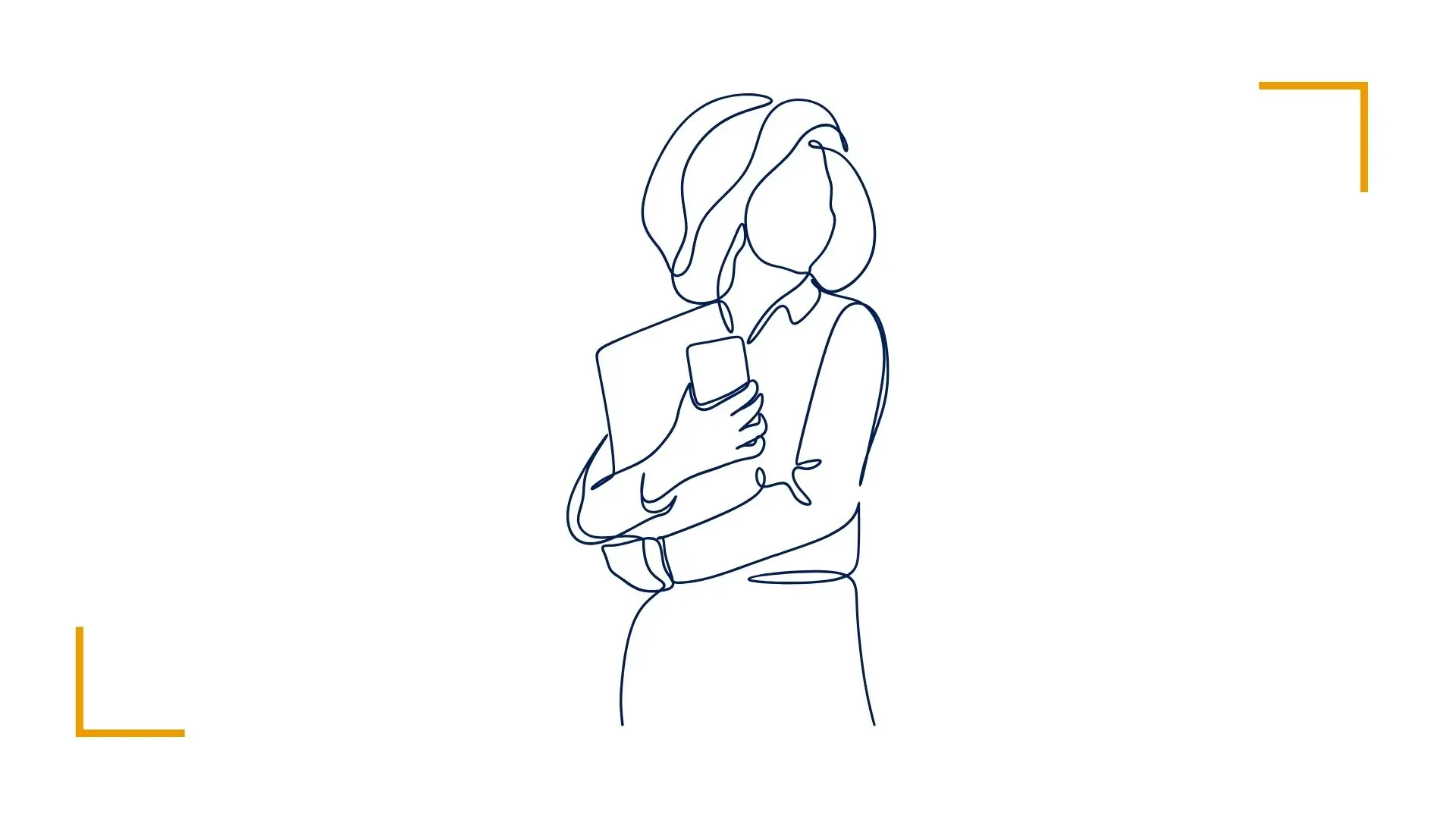 Line drawing of person with phone and laptop