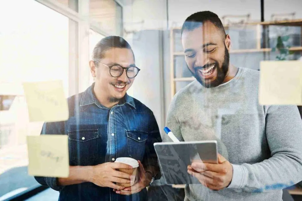 Business partners discussing improvements based on local SEO Australia data.